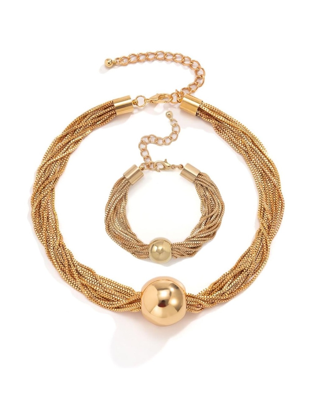 Women's Gold Thick Bead Necklace Set, Adjustable Layered Jewelry Set, Beaded Nec